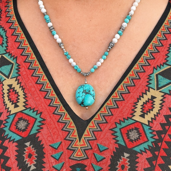 Faux Turquoise Silver Bead Necklace Pendant Howlite Fake Turquoise 20” Vintage - Picture 1 of 12